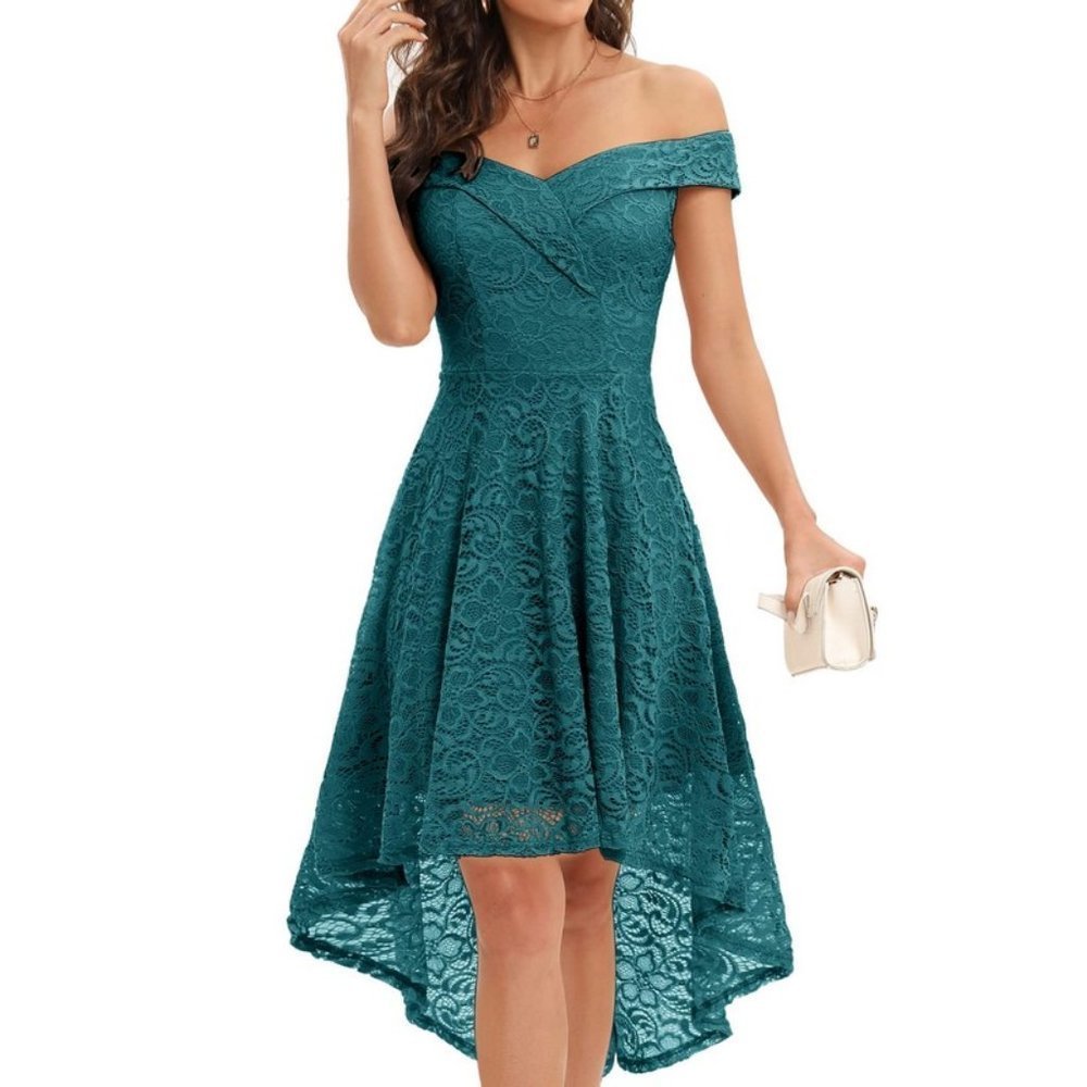 Elegant Floral Lace Dress Off The Shoulder High Low, Hi Low-Turquoise